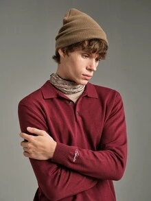 Calmiston Contains Wool Men's Solid Color Polo Collar Long Sleeve Casual Versatile Sweater Formal Old Money - Burgundy - View 9