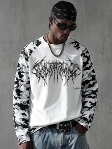 Manfinity EMRG Men's Raglan Long Sleeve T-Shirt, White Body, Black White Grey Camo Print Sleeves, Distressed Dark Gothic Metal Font Print, Streetwear Style - Multicolor - View 3