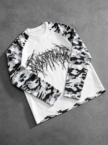 Manfinity EMRG Men's Raglan Long Sleeve T-Shirt, White Body, Black White Grey Camo Print Sleeves, Distressed Dark Gothic Metal Font Print, Streetwear Style - Multicolor - View 2