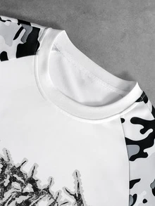 Manfinity EMRG Men's Raglan Long Sleeve T-Shirt, White Body, Black White Grey Camo Print Sleeves, Distressed Dark Gothic Metal Font Print, Streetwear Style - Multicolor - View 5
