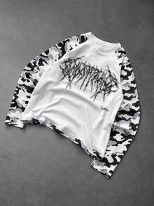 Manfinity EMRG Men's Raglan Long Sleeve T-Shirt, White Body, Black White Grey Camo Print Sleeves, Distressed Dark Gothic Metal Font Print, Streetwear Style - Multicolor - View 1