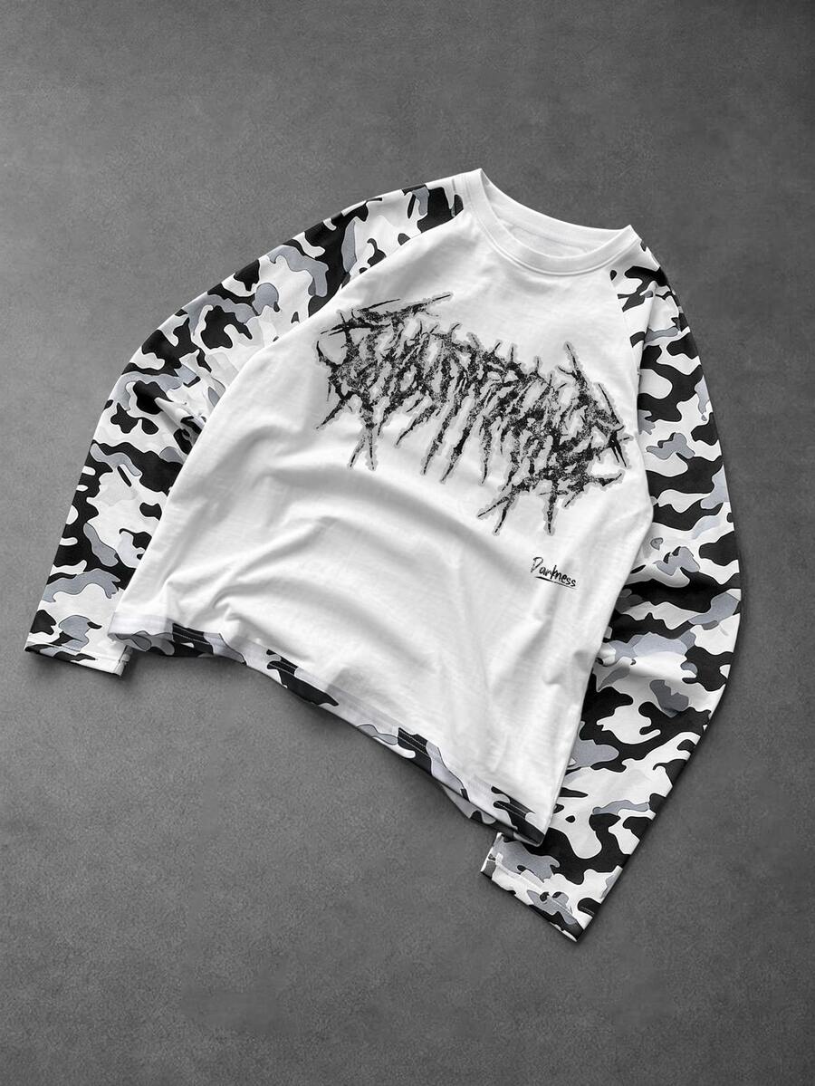 Manfinity EMRG Men's Raglan Long Sleeve T-Shirt, White Body, Black White Grey Camo Print Sleeves, Distressed Dark Gothic Metal Font Print, Streetwear Style - Multicolor - View 1