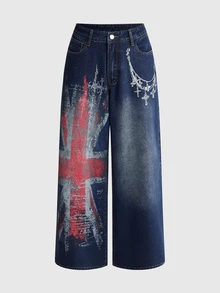ROMWE Street Life Celana Jeans Wanita Super Longgar Bergaya Vintage Motif Rantai Bendera Inggris Musim Panas/Gugur - Biru - View 2