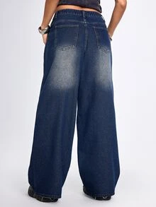 ROMWE Street Life Celana Jeans Wanita Super Longgar Bergaya Vintage Motif Rantai Bendera Inggris Musim Panas/Gugur - Biru - View 7