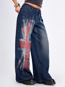 ROMWE Street Life Celana Jeans Wanita Super Longgar Bergaya Vintage Motif Rantai Bendera Inggris Musim Panas/Gugur - Biru - View 5