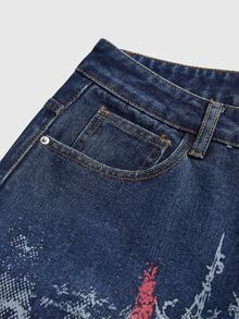 ROMWE Street Life Celana Jeans Wanita Super Longgar Bergaya Vintage Motif Rantai Bendera Inggris Musim Panas/Gugur - Biru - View 9