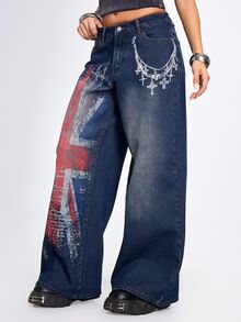 ROMWE Street Life Celana Jeans Wanita Super Longgar Bergaya Vintage Motif Rantai Bendera Inggris Musim Panas/Gugur - Biru - View 6