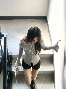FRIFUL 女款蕾絲飾邊露肩休閒性感浪漫優雅日常晚餐約會夜日常約會長袖T恤早午餐灰色秋季外出 - 卡其色 - 查看 3