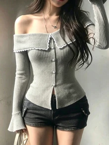 FRIFUL 女款蕾絲飾邊露肩休閒性感浪漫優雅日常晚餐約會夜日常約會長袖T恤早午餐灰色秋季外出 - 卡其色 - 查看 1