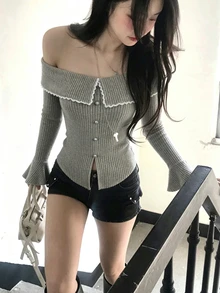 FRIFUL 女款蕾絲飾邊露肩休閒性感浪漫優雅日常晚餐約會夜日常約會長袖T恤早午餐灰色秋季外出 - 卡其色 - 查看 2