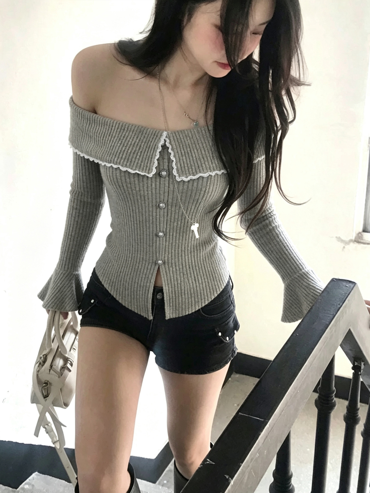 FRIFUL 女款蕾絲飾邊露肩休閒性感浪漫優雅日常晚餐約會夜日常約會長袖T恤早午餐灰色秋季外出 - 卡其色 - 查看 2