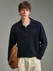 Calmiston Contains Wool Men's Vintage Casual Versatile Button Half-Placket Long Sleeve Sweater Office Business Navy Blue Autumn Formal Old Money - Navy Blue - View 9