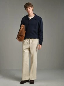 Calmiston Contains Wool Men's Vintage Casual Versatile Button Half-Placket Long Sleeve Sweater Office Business Navy Blue Autumn Formal Old Money - Navy Blue - View 5