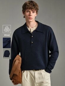 Calmiston Contains Wool Men's Vintage Casual Versatile Button Half-Placket Long Sleeve Sweater Office Business Navy Blue Autumn Formal Old Money - Navy Blue - View 1