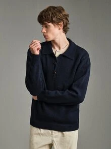 Calmiston Contains Wool Men's Vintage Casual Versatile Button Half-Placket Long Sleeve Sweater Office Business Navy Blue Autumn Formal Old Money - Navy Blue - View 10