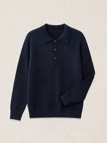 Calmiston Contains Wool Men's Vintage Casual Versatile Button Half-Placket Long Sleeve Sweater Office Business Navy Blue Autumn Formal Old Money - Navy Blue - View 3