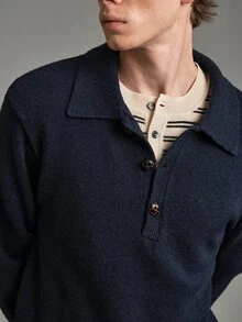 Calmiston Contains Wool Men's Vintage Casual Versatile Button Half-Placket Long Sleeve Sweater Office Business Navy Blue Autumn Formal Old Money - Navy Blue - View 11