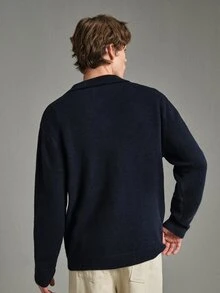 Calmiston Contains Wool Men's Vintage Casual Versatile Button Half-Placket Long Sleeve Sweater Office Business Navy Blue Autumn Formal Old Money - Navy Blue - View 7