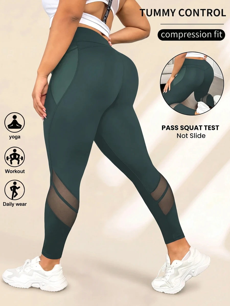 SHEIN Rhythm Era 加大码高腰网眼拼接塑身紧身裤，带侧袋，收腹提臀，女士瑜伽裤