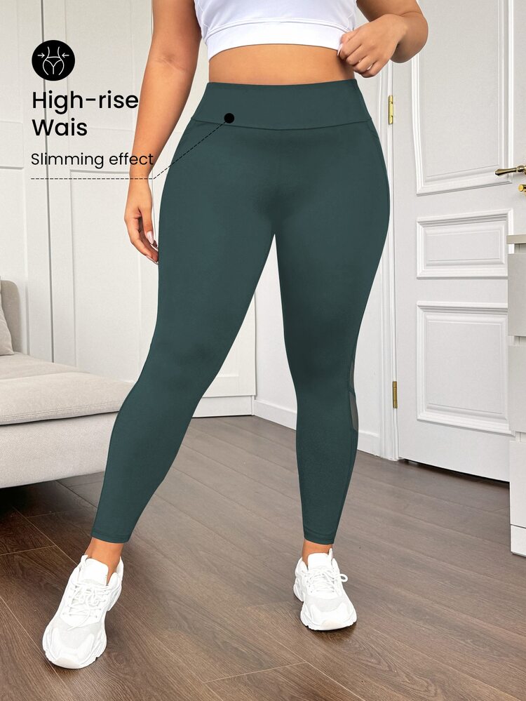 SHEIN Rhythm Era Plus Size High Waist Mesh Panel Shaping Leggings With Side Pockets, Tummy Control, Butt Lifting Yoga Women Pants Workout Weight Loss Camouflage - Dark Green - View 7