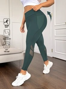 SHEIN Rhythm Era 加大码高腰网眼拼接塑身紧身裤，带侧袋，收腹提臀，女士瑜伽裤 - 墨綠色 - 查看 9
