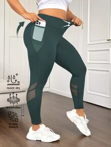 SHEIN Rhythm Era 加大码高腰网眼拼接塑身紧身裤，带侧袋，收腹提臀，女士瑜伽裤 - 墨綠色 - 查看 3