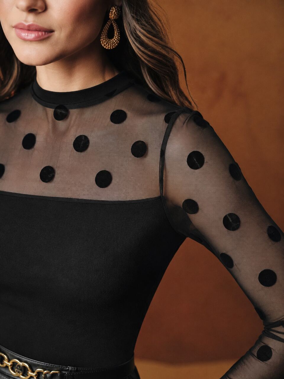Anewsta Autumn/Winter New Elegant Fashion Sexy Holiday Outing Date Polka Dot Sheer Knit Long Sleeve Women's T-Shirt