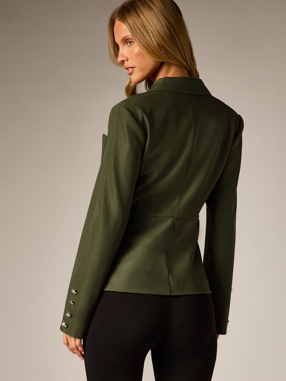 AiiRZ Olive Military-Inspired Fitted Blazer With Gold Button Closure Lapel Collar Patch Pockets And Embellished Cuffs For Fall Winter Office Wear