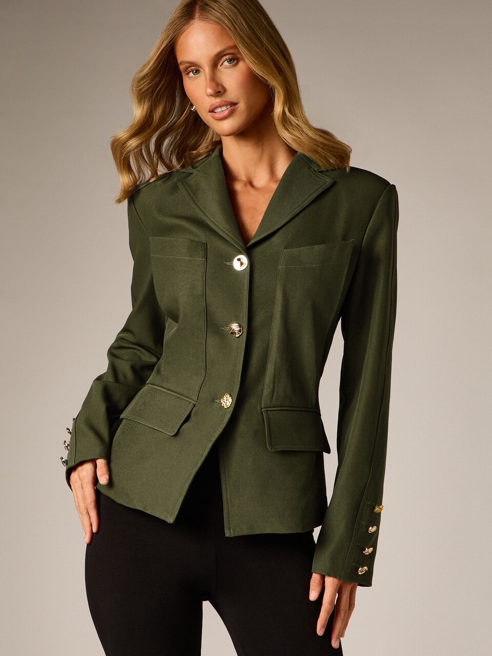 AiiRZ Olive Military-Inspired Fitted Blazer With Gold Button Closure Lapel Collar Patch Pockets And Embellished Cuffs For Fall Winter Office Wear