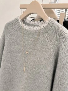 SHEIN Franclia Sweater Pullover Wanita Kasual Longgar Warna Polos dengan Patchwork Renda untuk Musim Gugur/Dingin - Grey - View 6