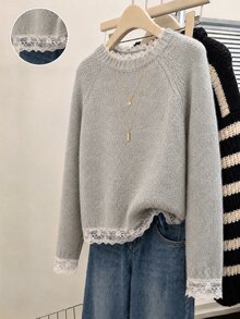 SHEIN Franclia Sweater Pullover Wanita Kasual Longgar Warna Polos dengan Patchwork Renda untuk Musim Gugur/Dingin - Grey - View 1
