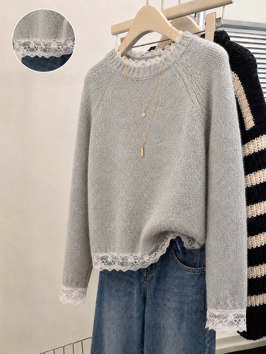 SHEIN Franclia Sweater Pullover Wanita Kasual Longgar Warna Polos dengan Patchwork Renda untuk Musim Gugur/Dingin - Grey - View 1