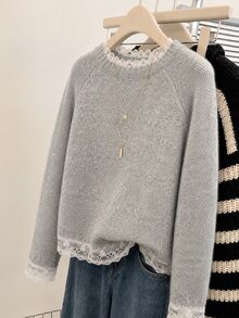 SHEIN Franclia Sweater Pullover Wanita Kasual Longgar Warna Polos dengan Patchwork Renda untuk Musim Gugur/Dingin - Grey - View 3