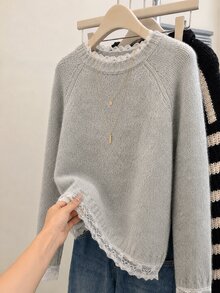 SHEIN Franclia Sweater Pullover Wanita Kasual Longgar Warna Polos dengan Patchwork Renda untuk Musim Gugur/Dingin - Grey - View 5
