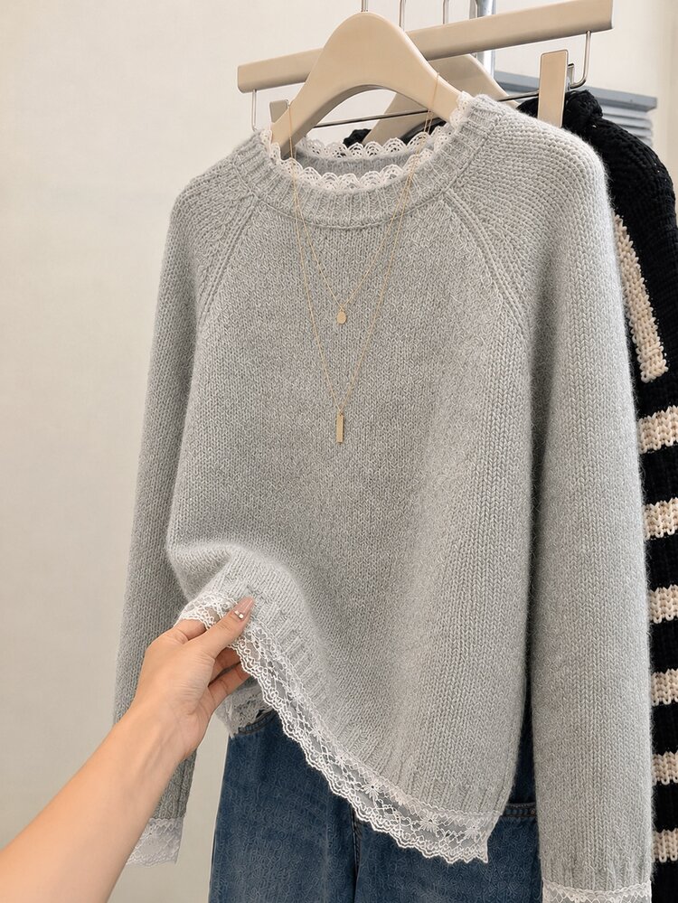 SHEIN Franclia 女款秋冬休閒寬鬆素色蕾絲拼接圓領套頭毛衣 - 灰色 - 查看 5