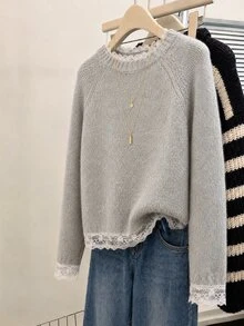 SHEIN Franclia Sweater Pullover Wanita Kasual Longgar Warna Polos dengan Patchwork Renda untuk Musim Gugur/Dingin - Grey - View 4