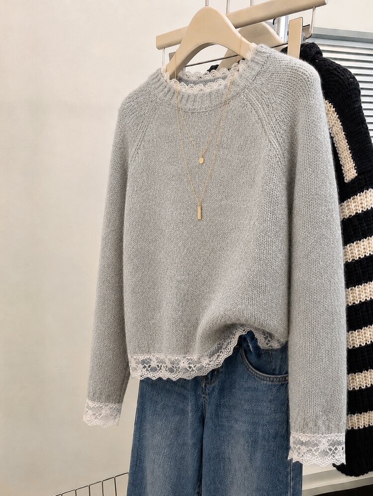 SHEIN Franclia 女款秋冬休閒寬鬆素色蕾絲拼接圓領套頭毛衣 - 灰色 - 查看 4