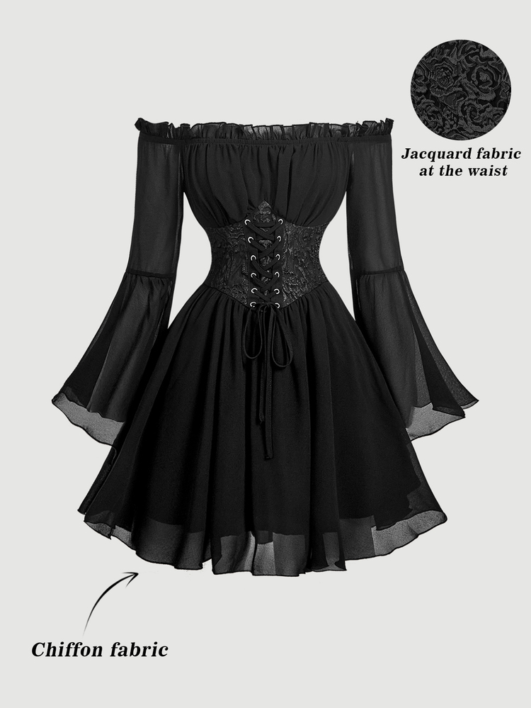 SHEIN MOD Black Off-Shoulder Bell Sleeve Vintage Dress, Jacquard Textured Ruched Waist - Black - View 3