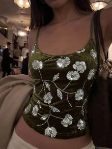 Aloruh 女款新款日常街頭風性感蕾絲亮片拼接細肩帶背心上衣 派對夜店深綠色夏季 - 綠色 - 查看 4