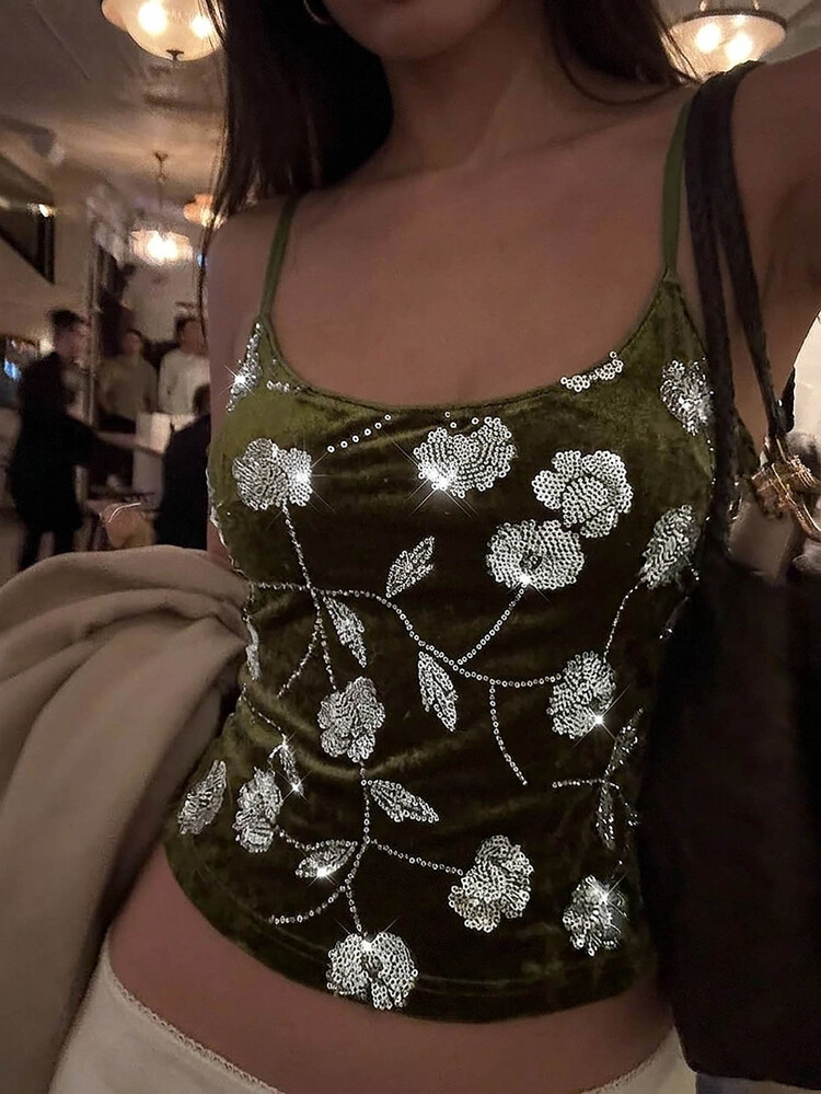 Aloruh Women's New Daily Streetwear Sexy Lace Sequin Patchwork Camisole Tank Top Party Club Dark Green Summer - Green - View 3