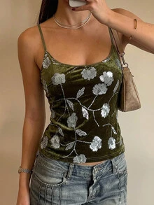 Aloruh 女款新款日常街頭風性感蕾絲亮片拼接細肩帶背心上衣 派對夜店深綠色夏季 - 綠色 - 查看 5