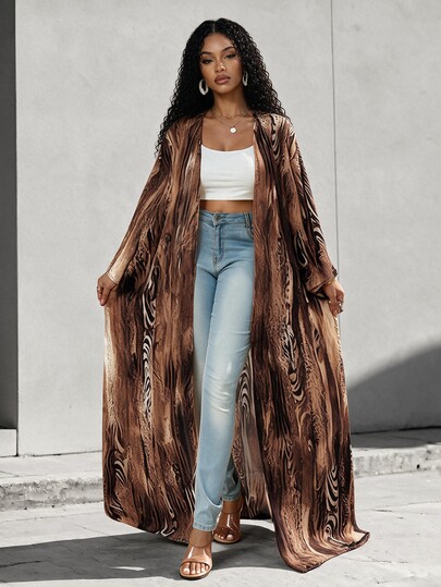 SHEIN Women's Brown Leopard Print Chiffon Long Loose Jacket,Elegant Boho Jamican Summer Holiday Vacation Holiday Beach Dress,Lightweight Casual Outfits