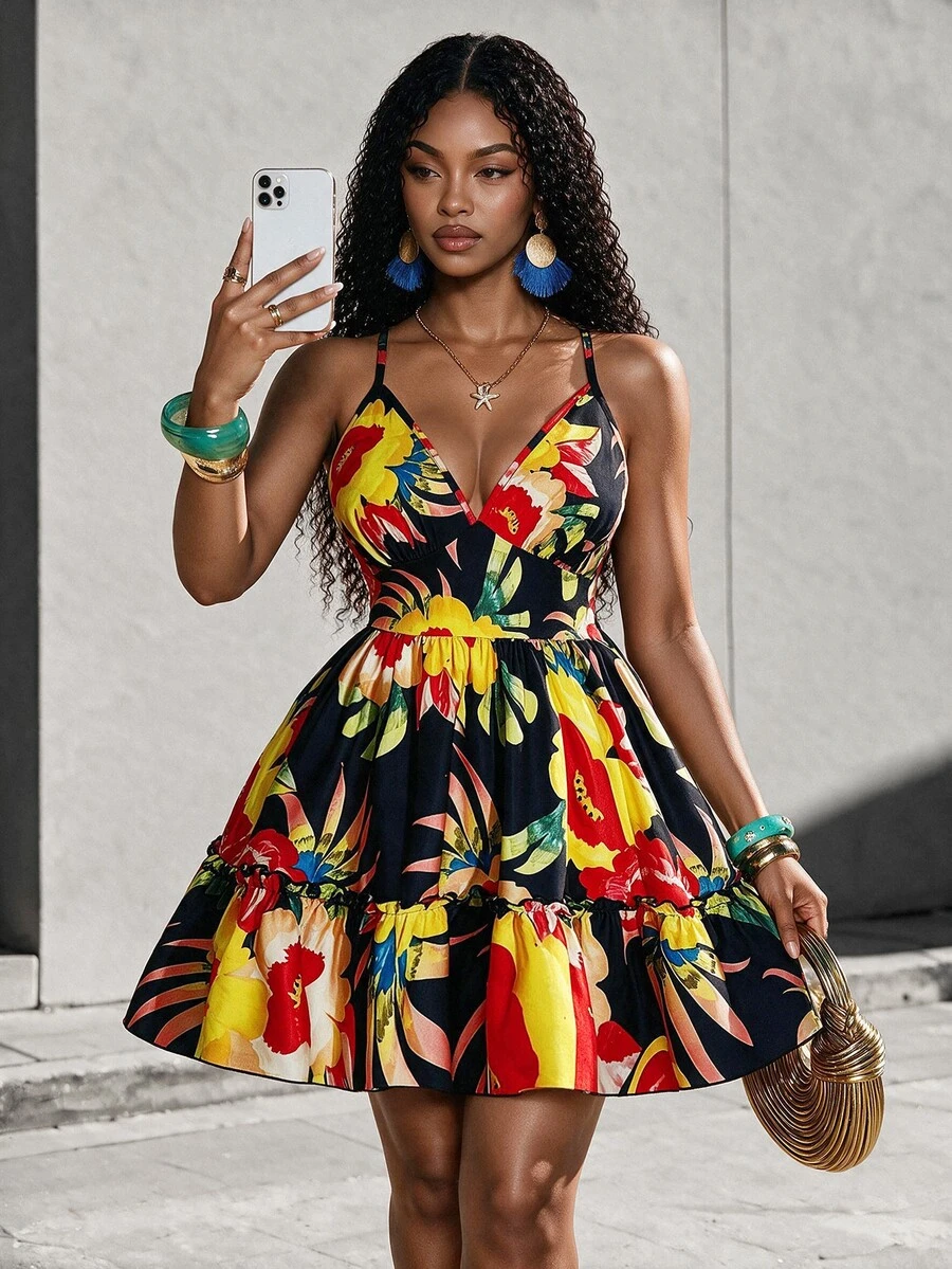 SHEIN Women's Halter V-Neck Backless Black Floral Maxi Dress,Summer Boho Holiday Vacation Tropical Print Elastic Waist Ruffled Hem A-Line Beach Party Dress - Multicolor - View 1