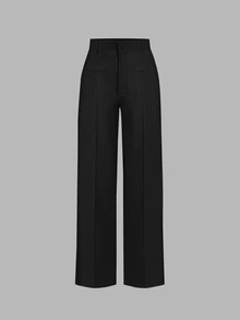 SHEIN MOD 女款 100% 純棉高腰黑色秋季休閒優雅辦公商務舒適直筒褲，附刺繡補丁，適用工作、通勤、正式場合、約會 - 彩色 - 查看 6