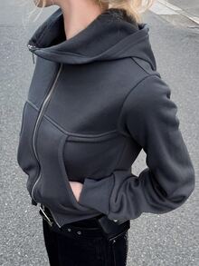 FRIFUL Women's Fashion Versatile Zip-Up Hooded Sweatshirt With Pockets Fall - Grey - View 8