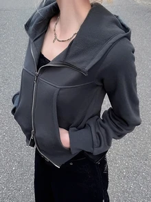 FRIFUL Women's Fashion Versatile Zip-Up Hooded Sweatshirt With Pockets Fall - Grey - View 5