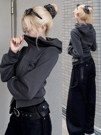 FRIFUL Women's Fashion Versatile Zip-Up Hooded Sweatshirt With Pockets