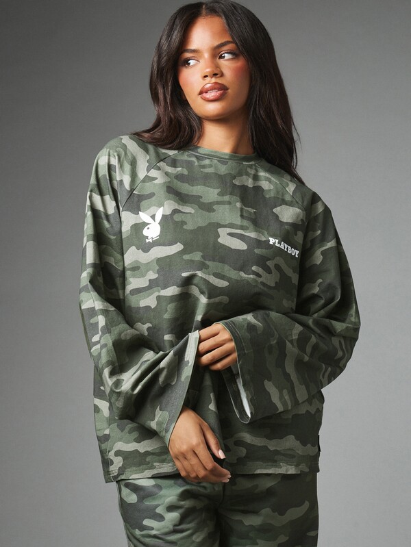 Missguided x Playboy Bunny Logo Camo Print Crew Neck Long Sleeve Oversized Drop Shoulder Casual Top Fall Winter