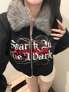 FRIFUL 女款字母印花長袖拉鍊毛領外套 秋季 - 黑色 - 查看 1