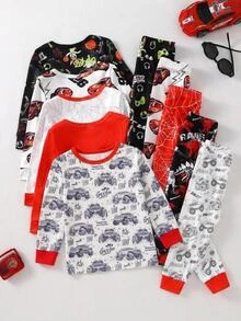 Baby Boy Random Cartoon Car Graphic Contrast Binding Pajamas Set Sleep Night White Autumn Cute Cartoon,Back To School,Halloween,Snug Fit - White - View 2